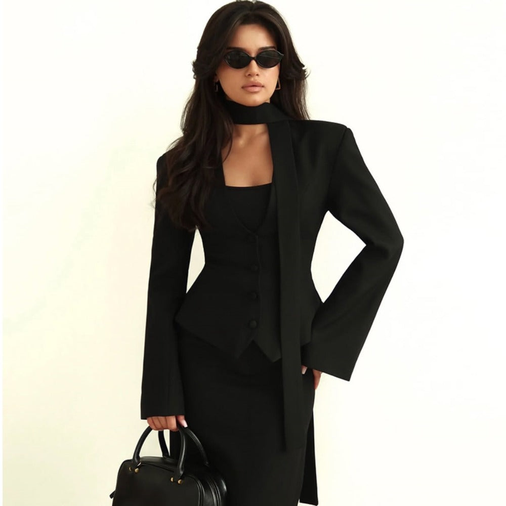 Long Sleeve Blazer Jacket with Scarf for Women - Rosella