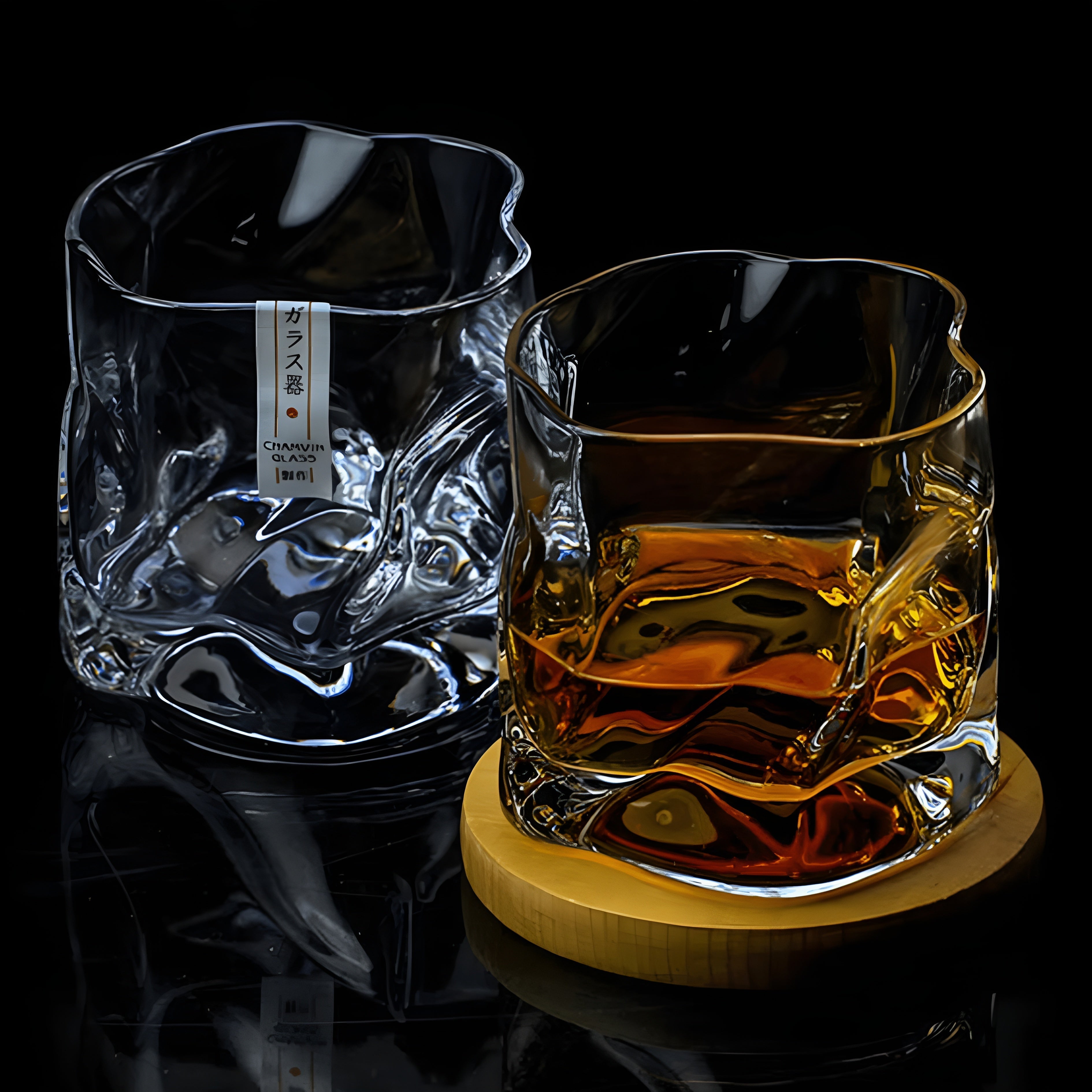 Hand-Cut Whiskey Glass in Edo Kiriko Style – Unique Crumple Design
