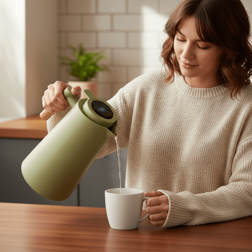 Double-Walled Thermos with Temperature Display and Wooden Handle