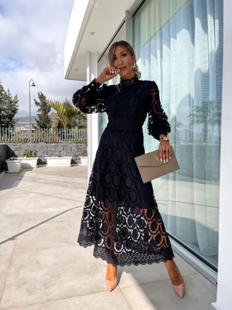 Party Lace High Neck Dress | Puff Sleeves