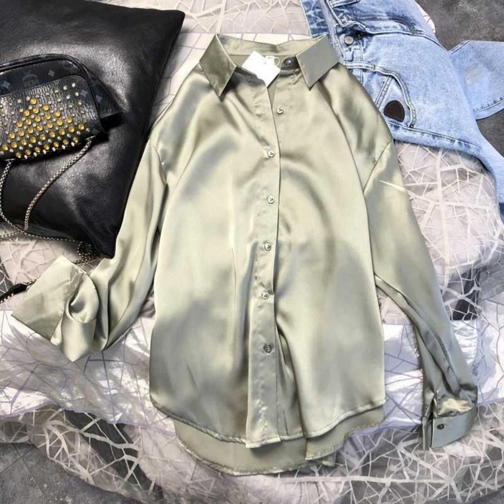 Satin Button Up Long Sleeve Shirt for Women - Leonia