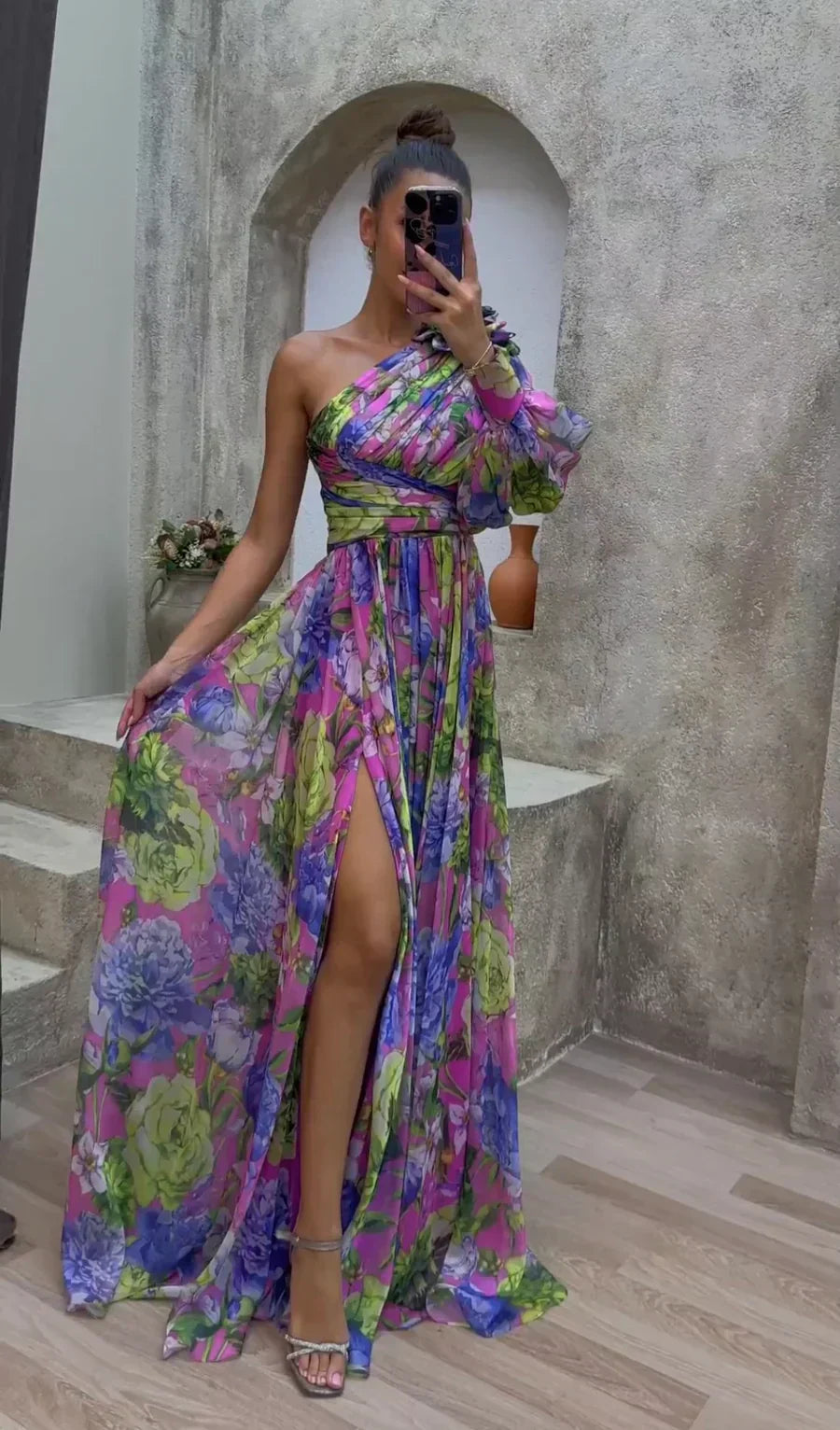 Women's One-Shoulder High Slit Floral Summer Dress | Maxi