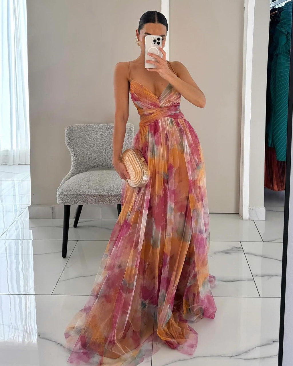 Party V-Neck Printing Dress| Long
