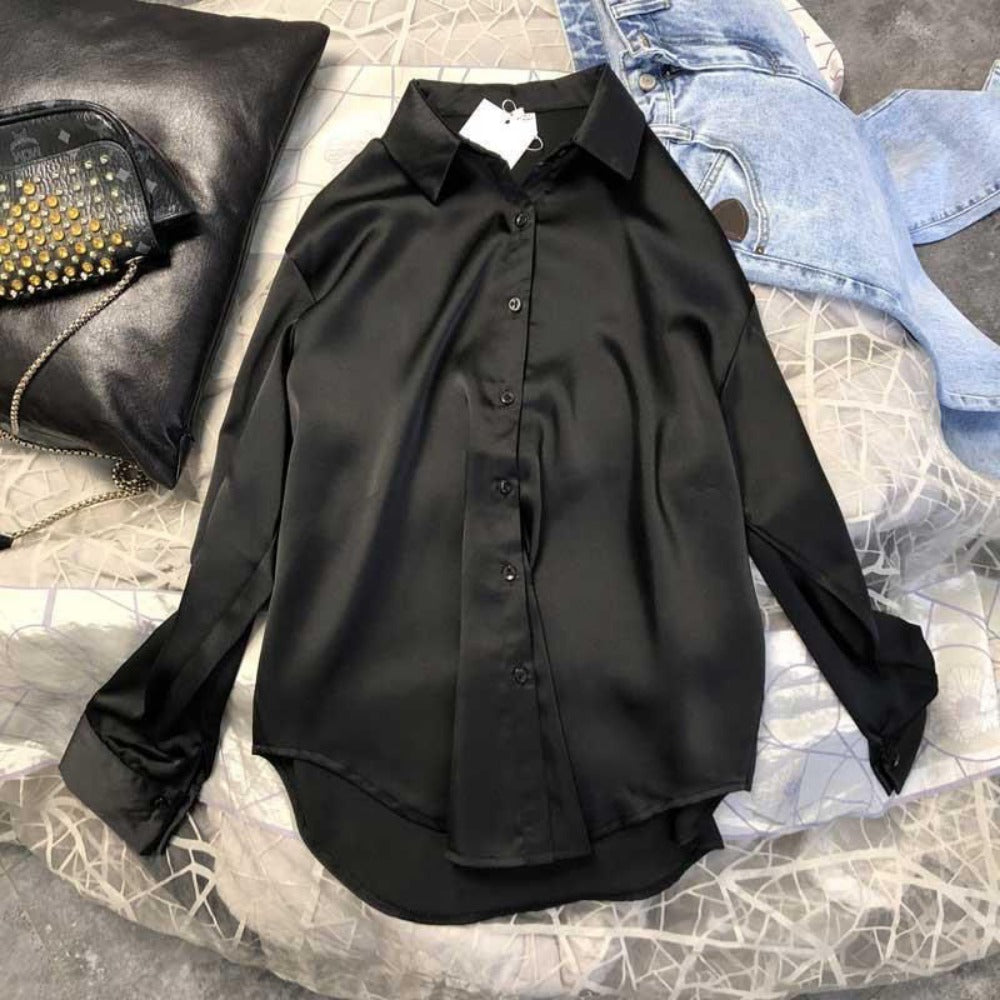 Satin Button Up Long Sleeve Shirt for Women - Leonia