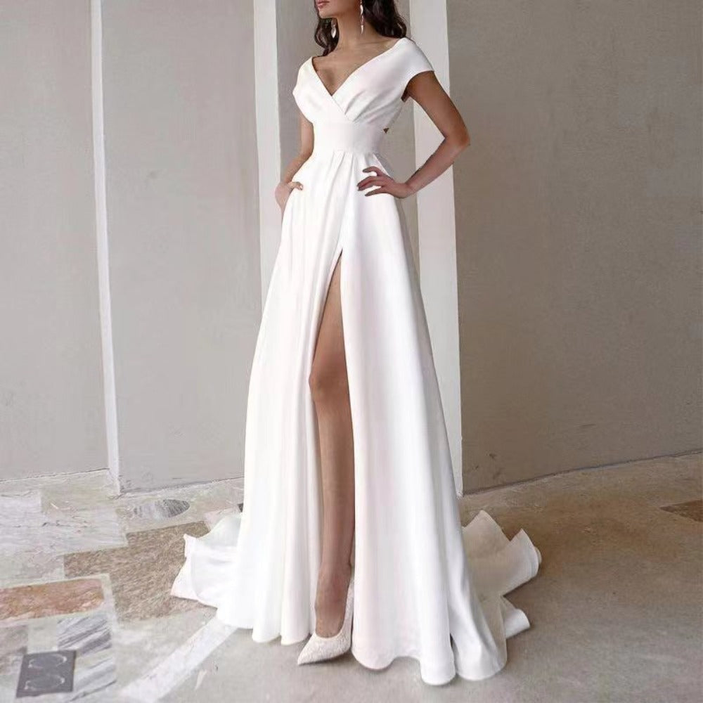 Maxi Dress with V Neck and Side Slit for Women - Paola
