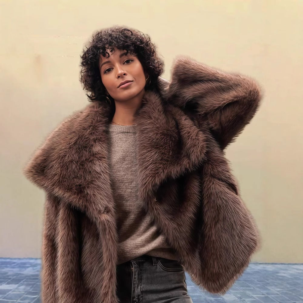 Faux Fur Coat with Wide Collar for Women - Giorgia
