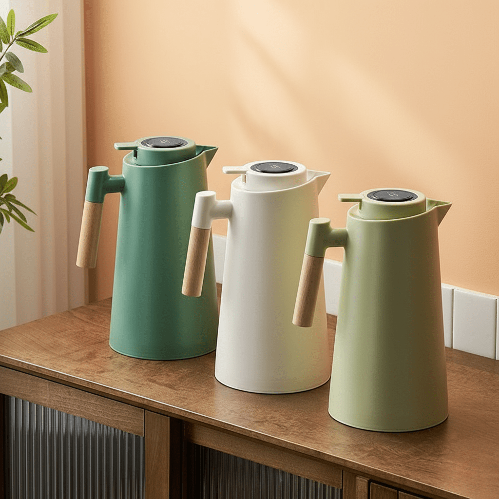 Double-Walled Thermos with Temperature Display and Wooden Handle