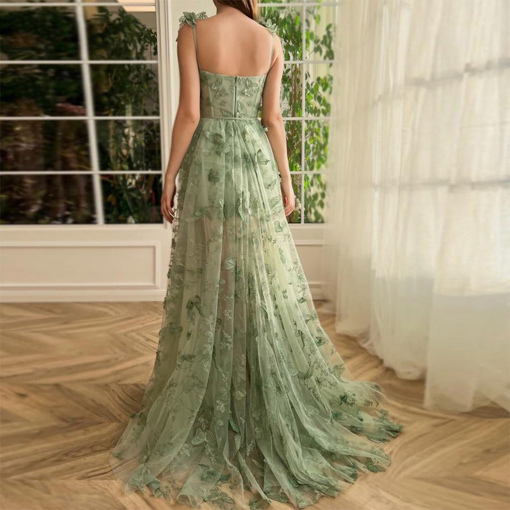 Sage Green Lace Maxi Dress with Side Slit for Women - Sibilla