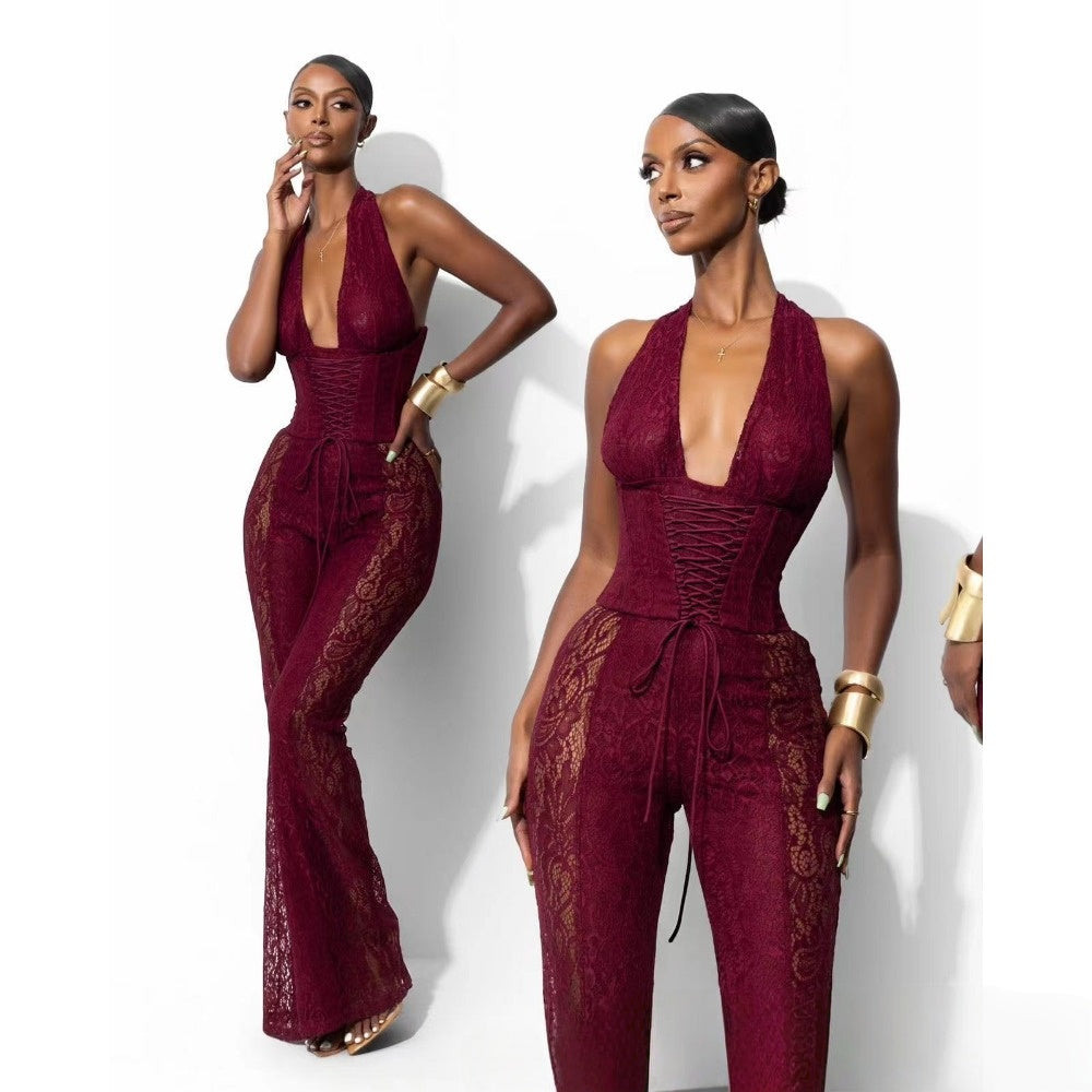 Lace Halter Jumpsuit with Wide Leg for Women - Sabrina