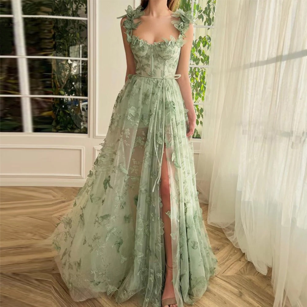 Sage Green Lace Maxi Dress with Side Slit for Women - Sibilla
