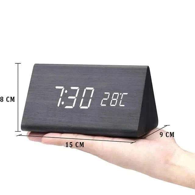 Wooden Look LED Alarm Clock with Three Alarms, Temperature Display, and Adjustable Brightness