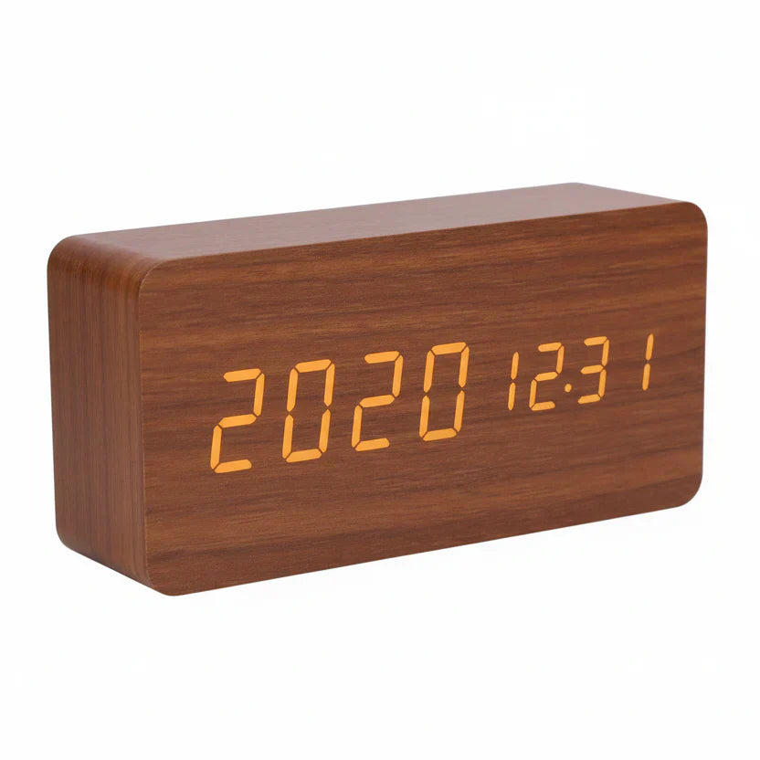 Wooden Look LED Alarm Clock with Three Alarms, Temperature Display, and Adjustable Brightness