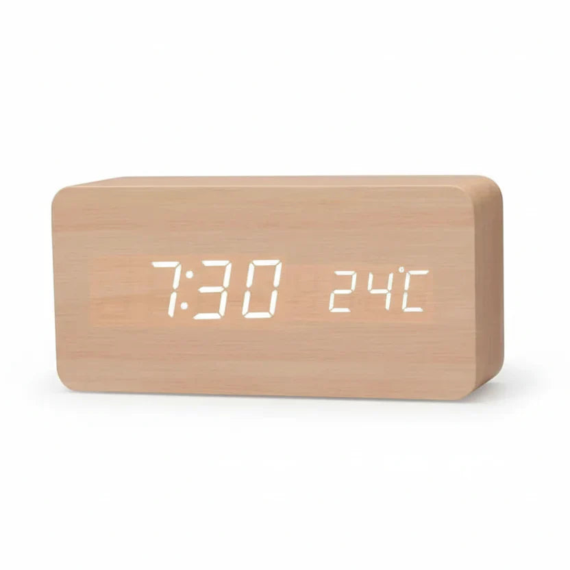 Wooden Look LED Alarm Clock with Three Alarms, Temperature Display, and Adjustable Brightness