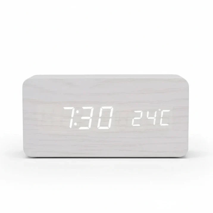 Wooden Look LED Alarm Clock with Three Alarms, Temperature Display, and Adjustable Brightness