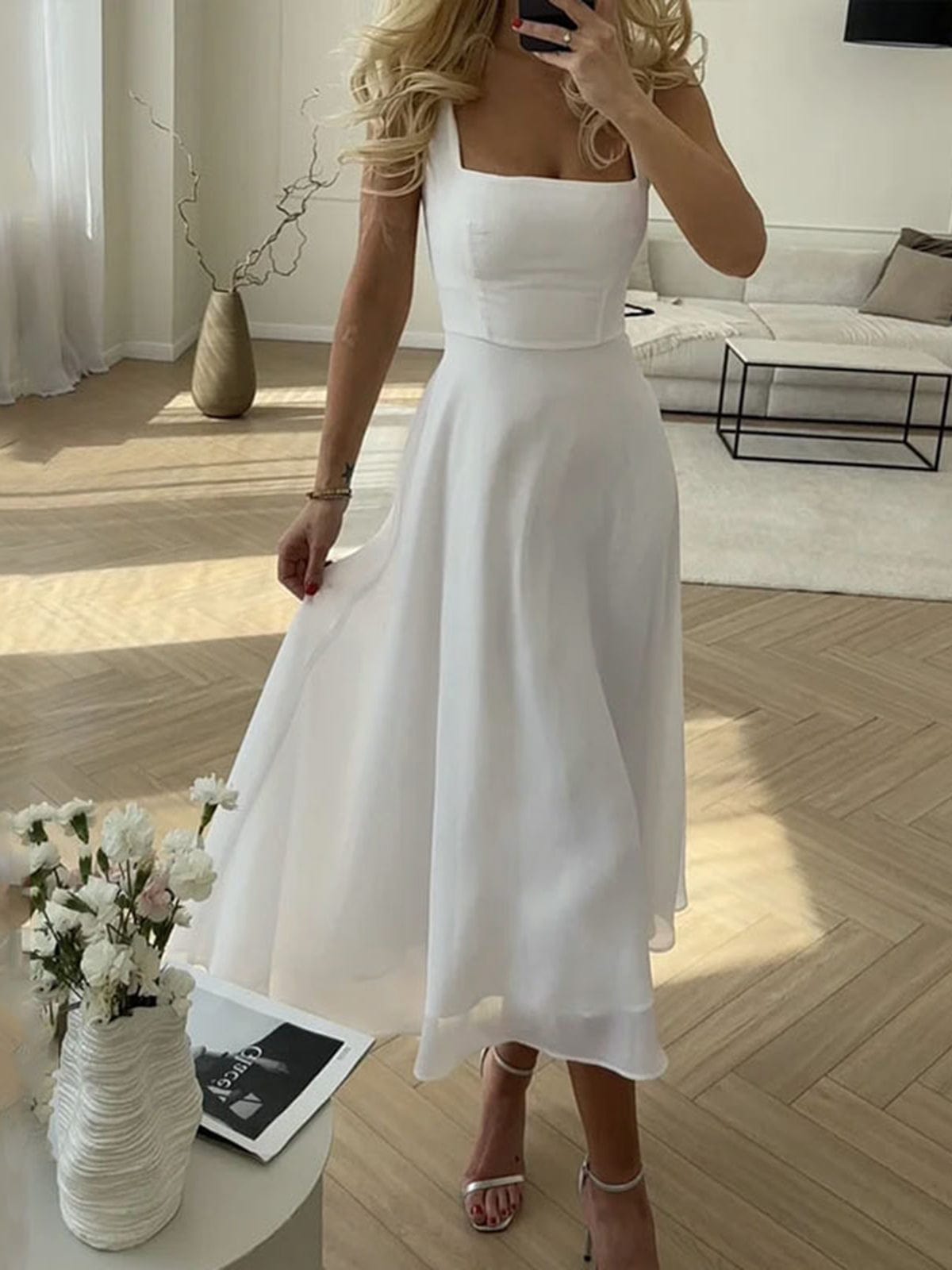 Women’s Sleeveless Midi Dress | Square Neck A-Line