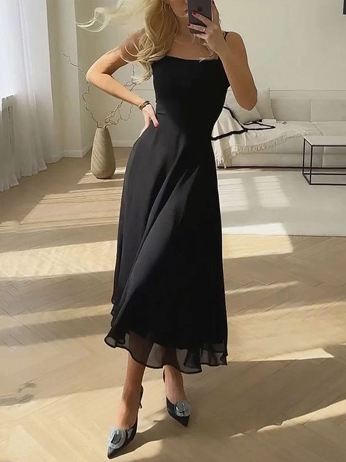 Women’s Sleeveless Midi Dress | Square Neck A-Line