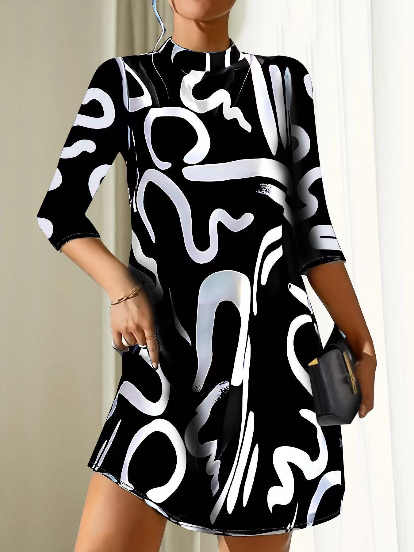 Women's Casual Loose-Fitting Stand Collar Dress | 3/4 Sleeves