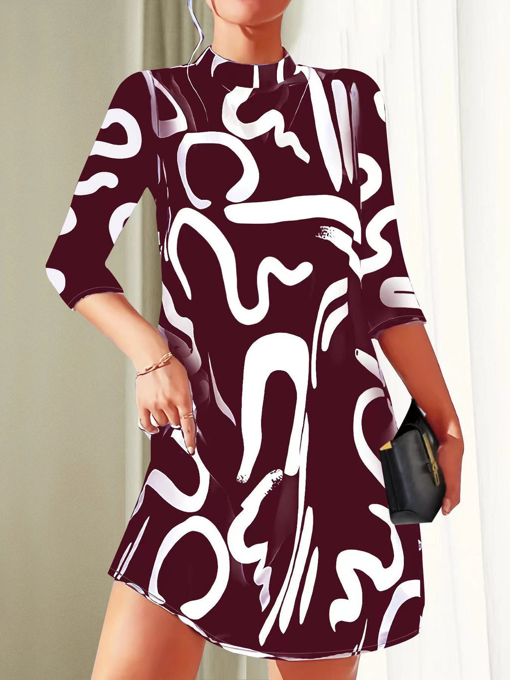 Women's Casual Loose-Fitting Stand Collar Dress | 3/4 Sleeves