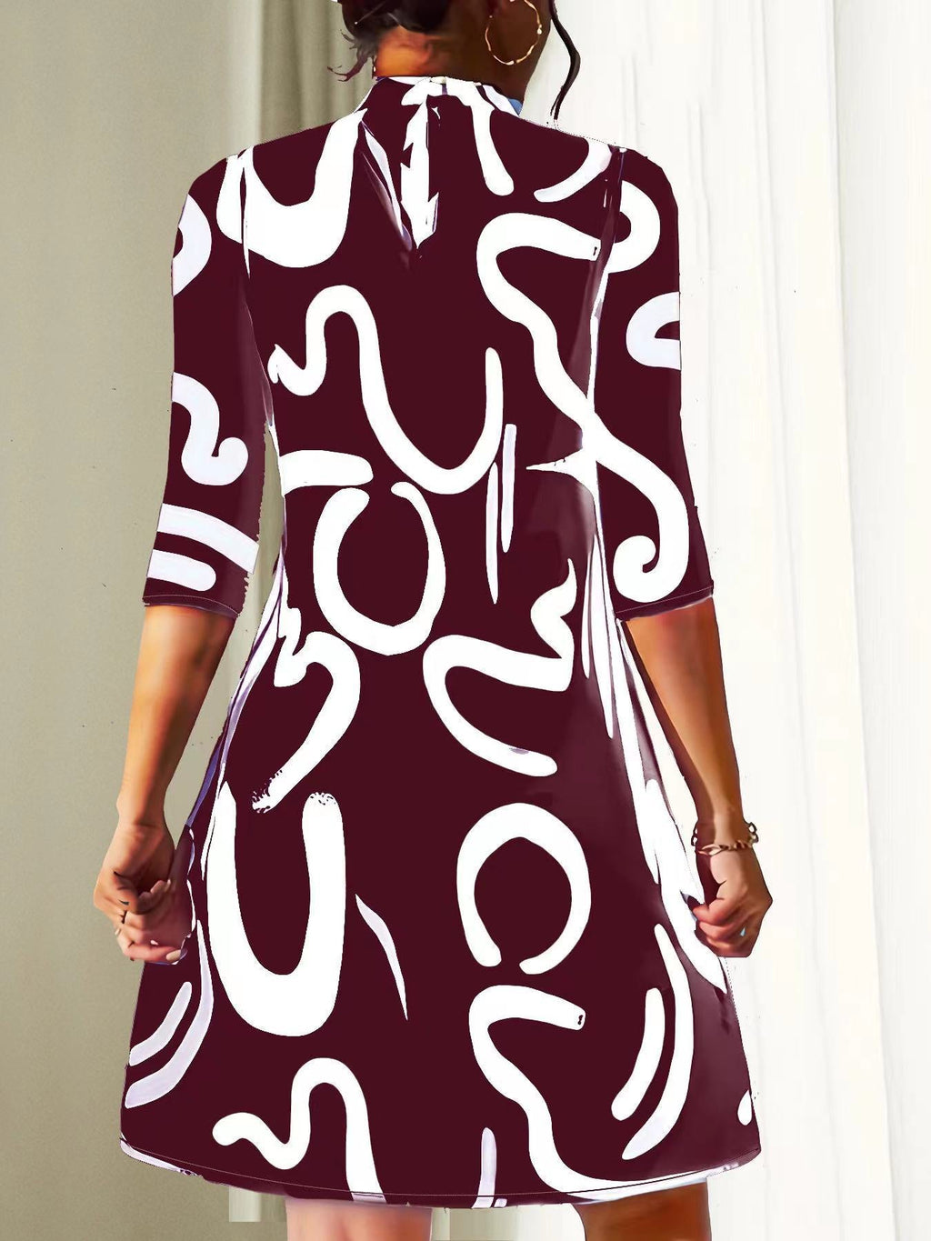 Women's Casual Loose-Fitting Stand Collar Dress | 3/4 Sleeves