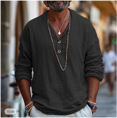 Men's Henley-Style Linen Shirt | Long Sleeve