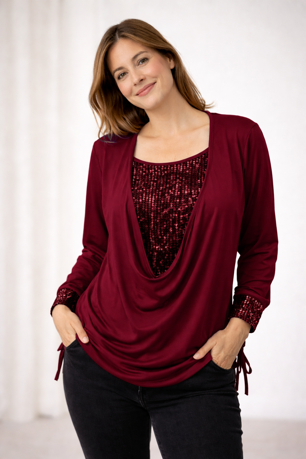 Women's Waterfall Neck Party Blouse | Long Sleeved