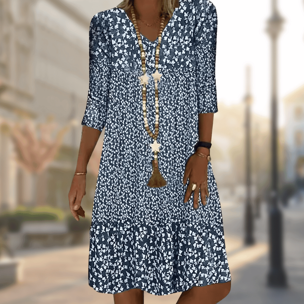 Women's Floral Pattern Boho Midi Dress | 3/4 Sleeves