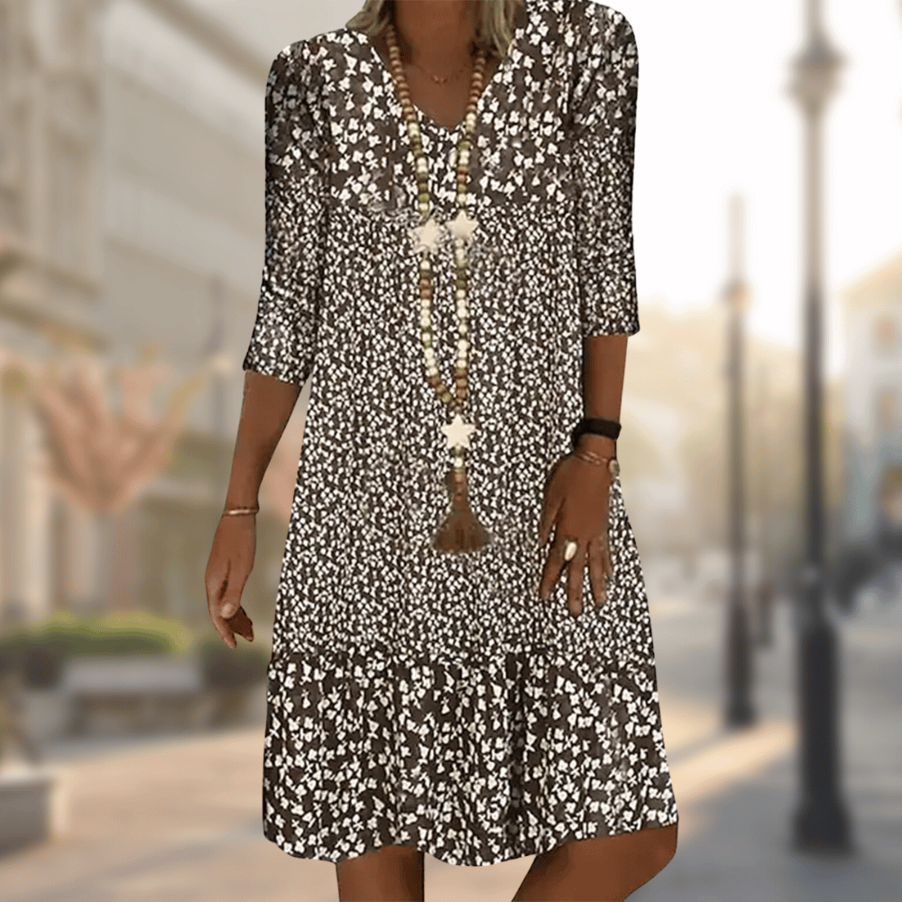 Women's Floral Pattern Boho Midi Dress | 3/4 Sleeves