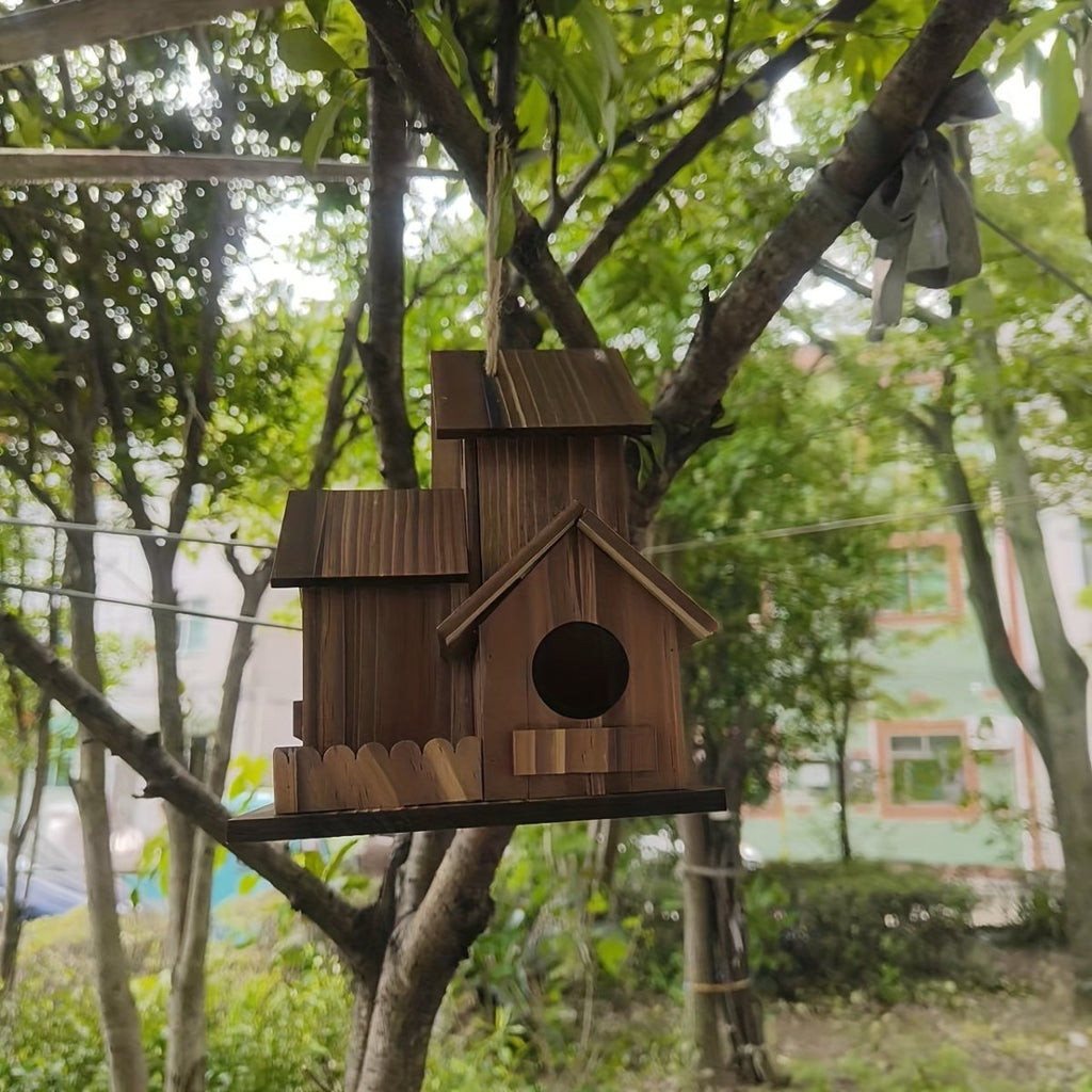 Rustic Solid Wood Birdhouse with Multiple Nesting Chambers for Outdoor Use