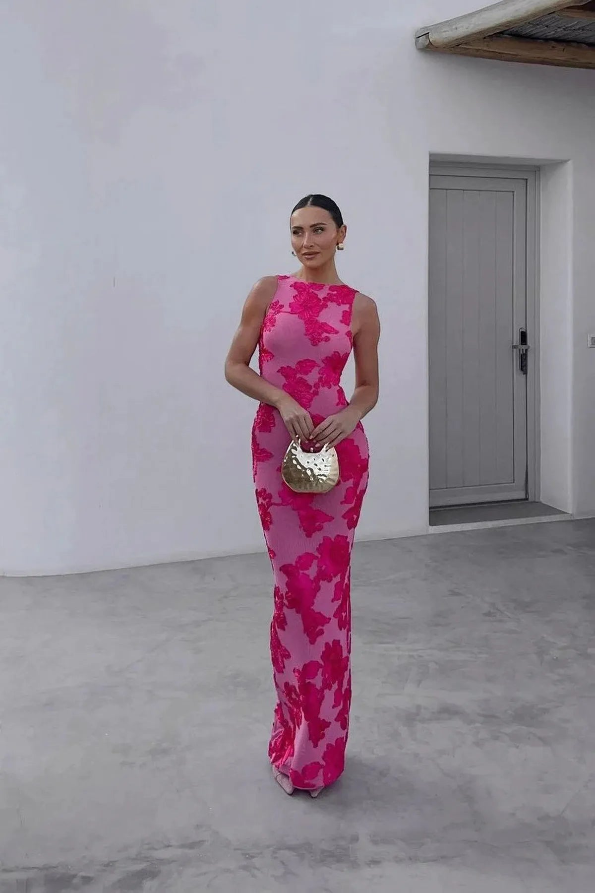 Pink Floral Embroidered Dress | Maxi