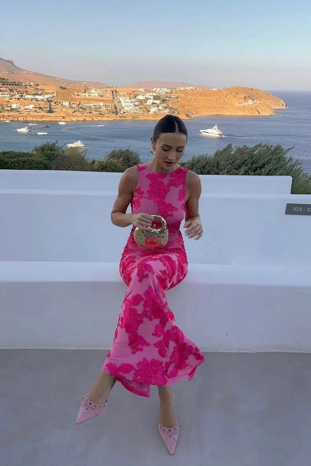 Pink Floral Embroidered Dress | Maxi