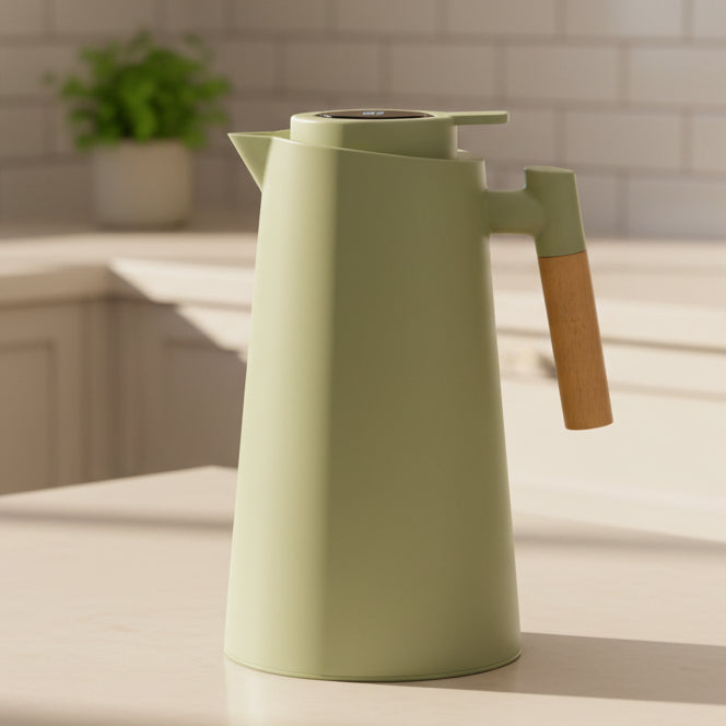 Double-Walled Thermos with Temperature Display and Wooden Handle