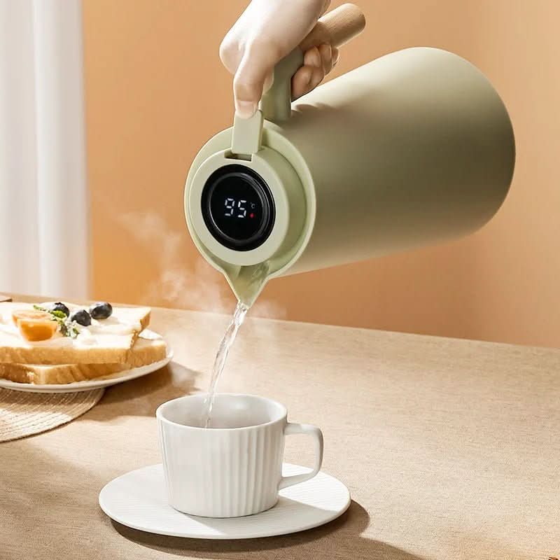 Double-Walled Thermos with Temperature Display and Wooden Handle