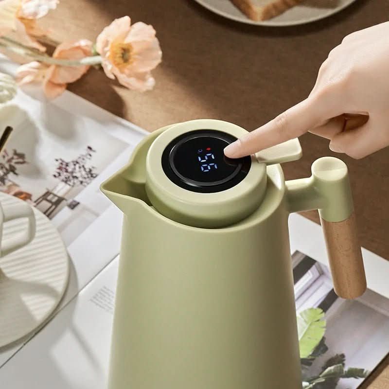 Double-Walled Thermos with Temperature Display and Wooden Handle
