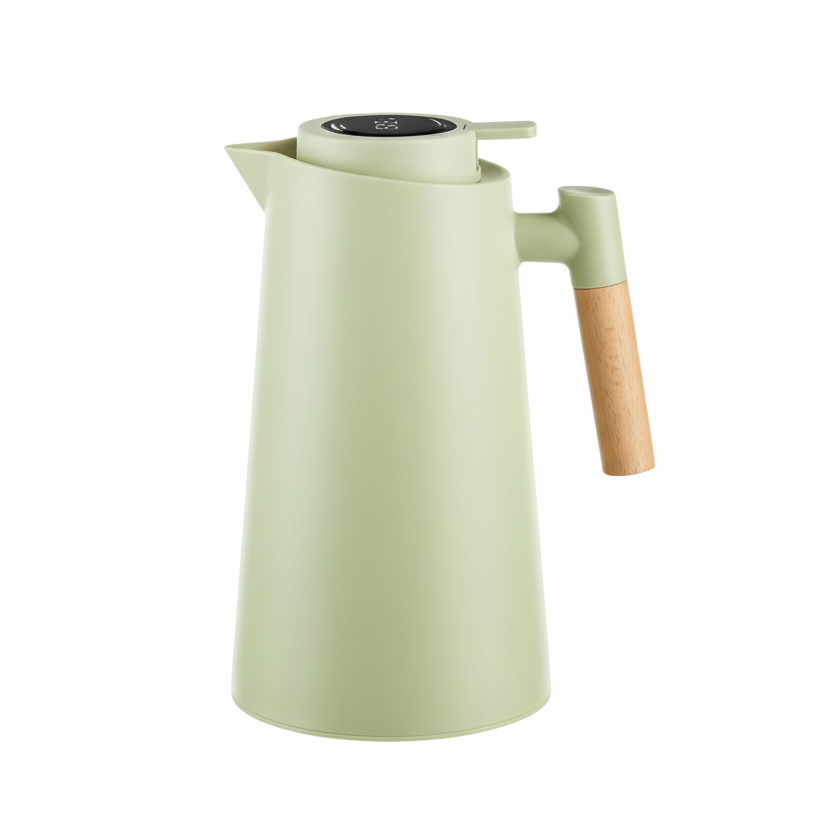 Double-Walled Thermos with Temperature Display and Wooden Handle