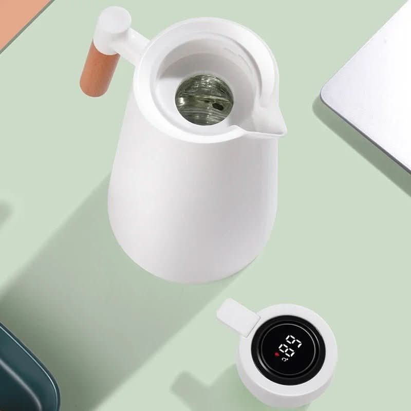 Double-Walled Thermos with Temperature Display and Wooden Handle