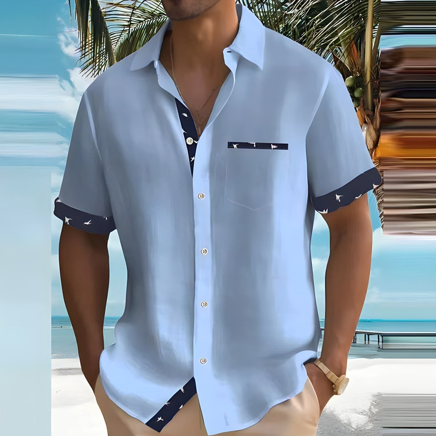 Men's Short Sleeve Shirt with Button Placket | Summer