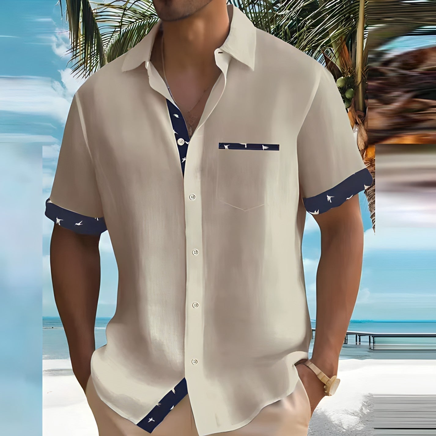 Men's Short Sleeve Shirt with Button Placket | Summer