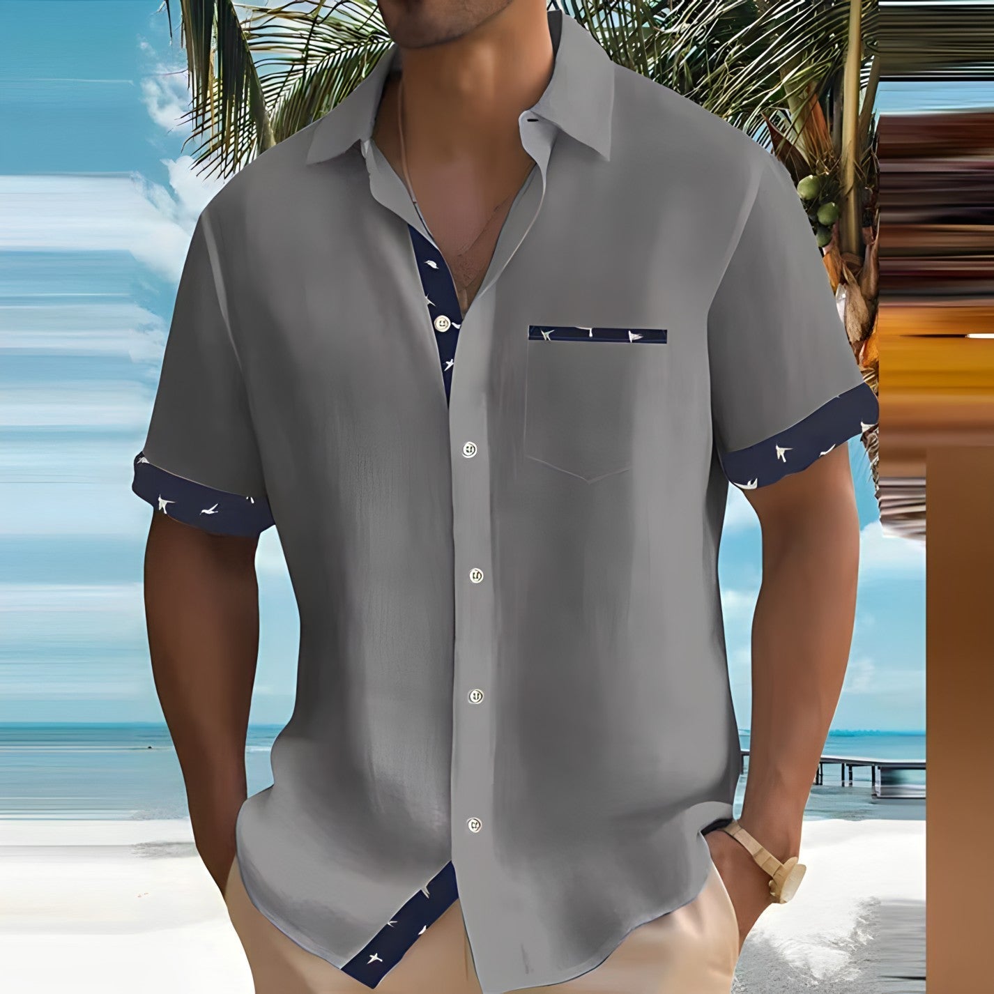 Men's Short Sleeve Shirt with Button Placket | Summer