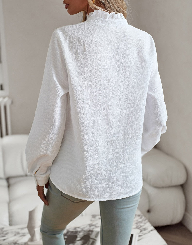 Women's Ruffled Trim Button-Up Blouse | Long Sleeve