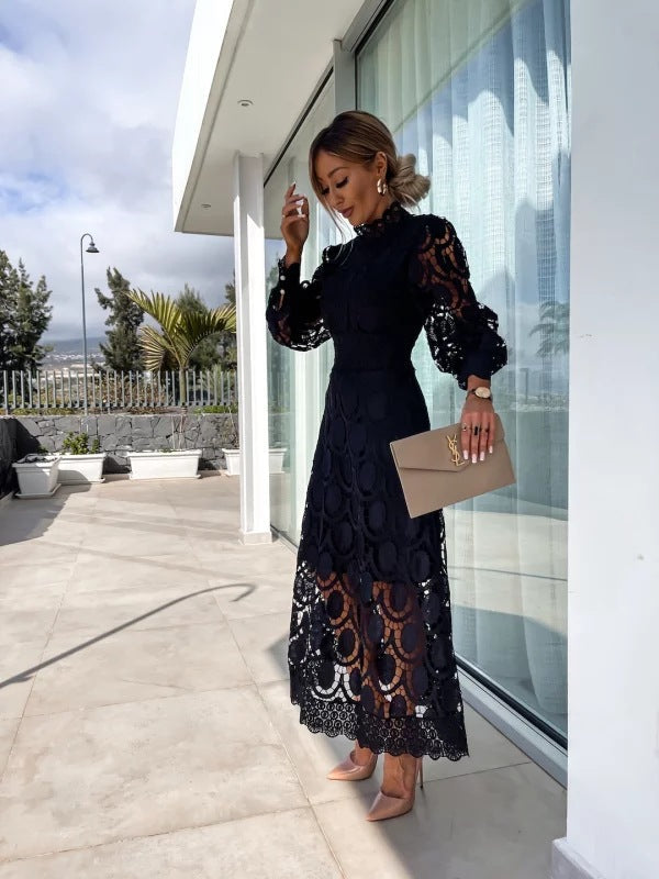 Party Lace High Neck Dress | Puff Sleeves