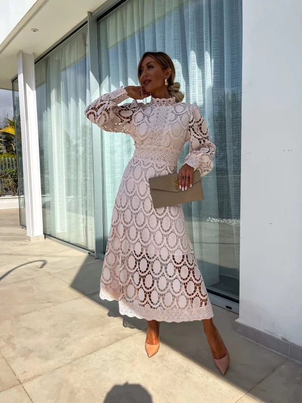 Party Lace High Neck Dress | Puff Sleeves
