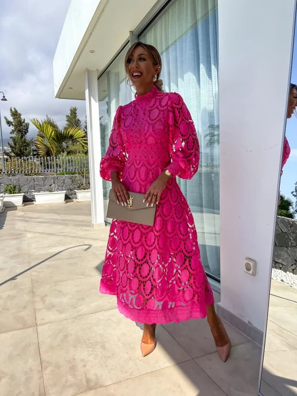 Party Lace High Neck Dress | Puff Sleeves