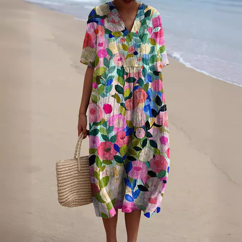 Women's Floral Pattern V-Neck Summer Dress | Midi