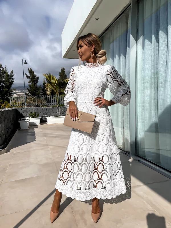 Party Lace High Neck Dress | Puff Sleeves