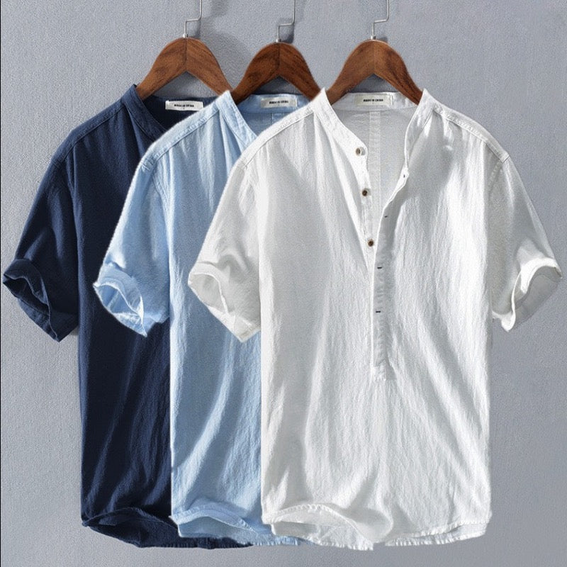 Men's Mandarin Collar Linen Shirt | Short Sleeve
