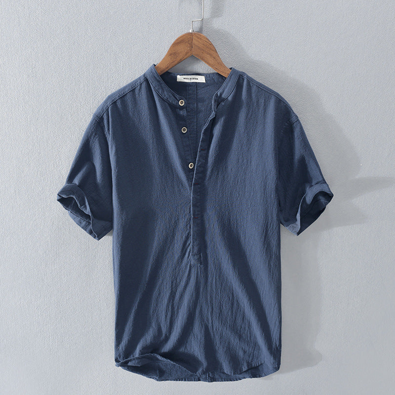 Men's Mandarin Collar Linen Shirt | Short Sleeve