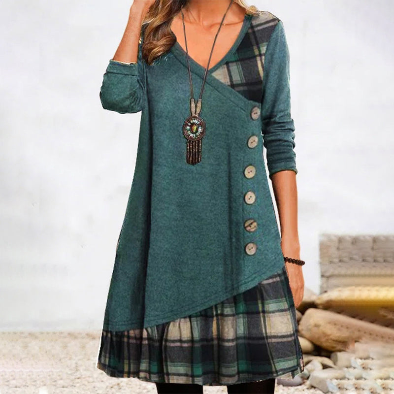 Women's Checkered Long Sleeve Button Dress | Midi