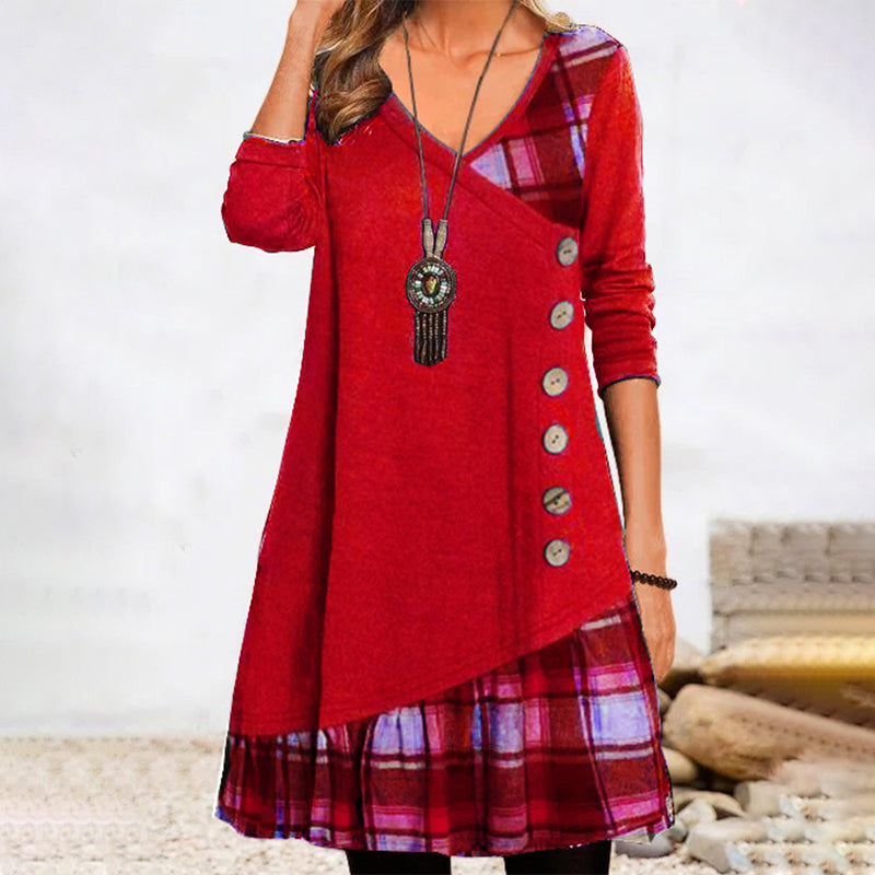 Women's Checkered Long Sleeve Button Dress | Midi