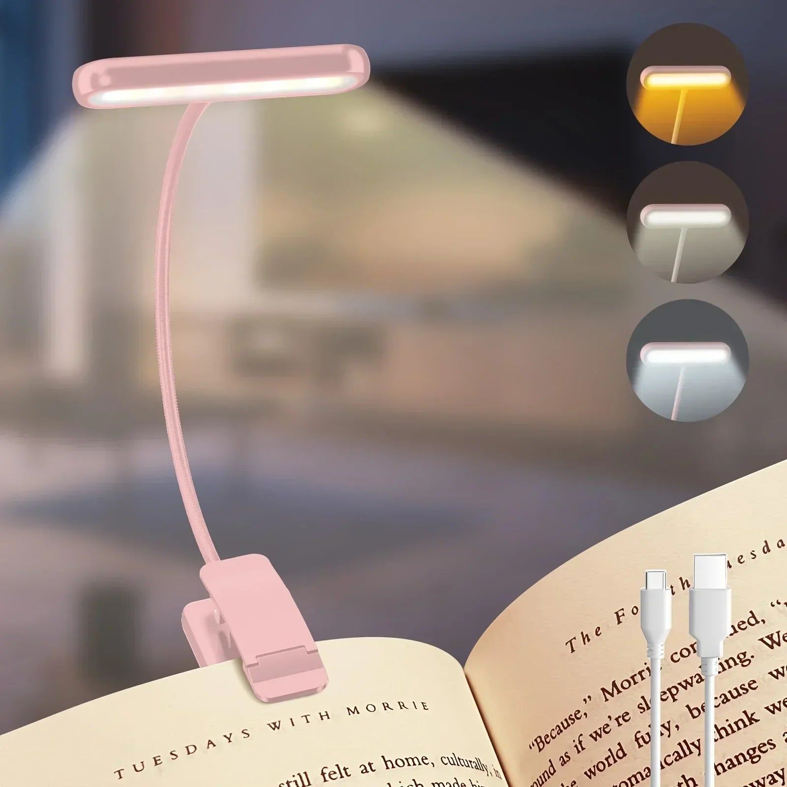 Flexible USB Rechargeable Reading Lamp | 3 Light Colors & Dimmable | Clip-On Design with Adjustable Arm