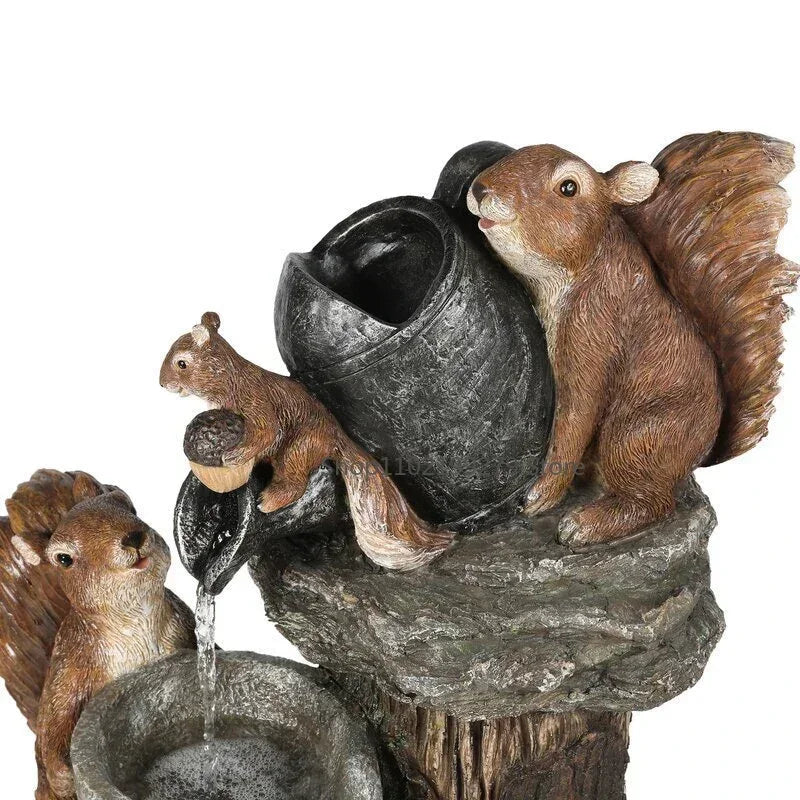 Solar Decorative Fountain with Duck and Squirrel | Garden Figure Featuring LED Light | Weatherproof Resin | Ideal for Patio and Balcony